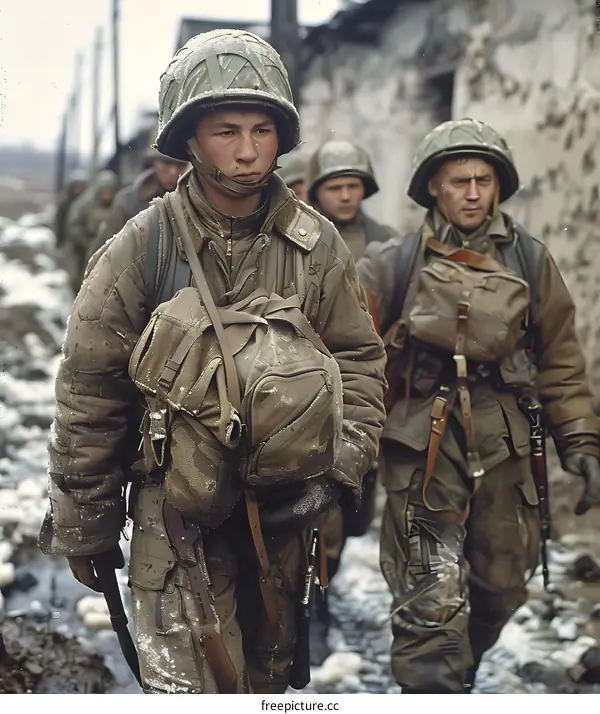 A group of soldiers walking through a war-torn city