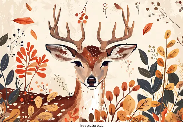 Autumn Deer Illustration with Fall Leaves and Floral