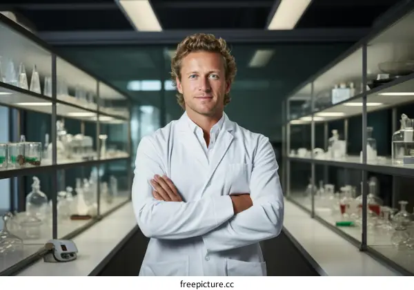 Scientist in a lab coat standing in a laboratory with shelves of glassware