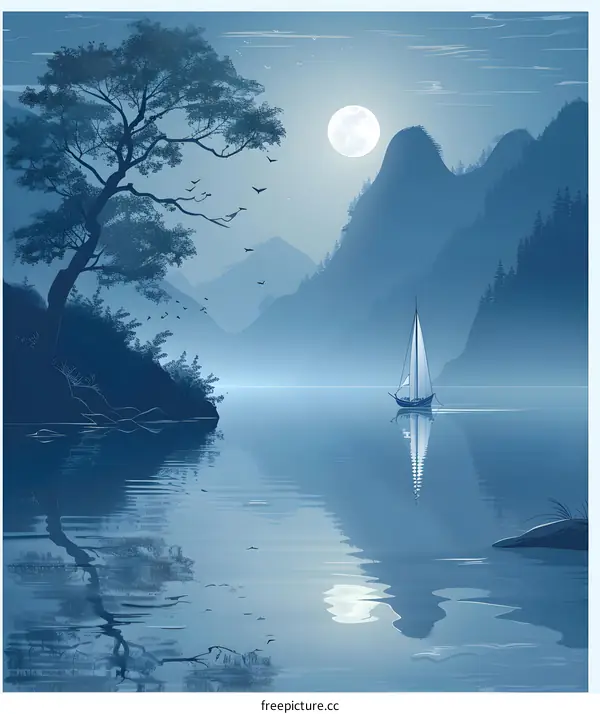 Peaceful Moonlight Sailboat on the Lake with Mountains in the Background