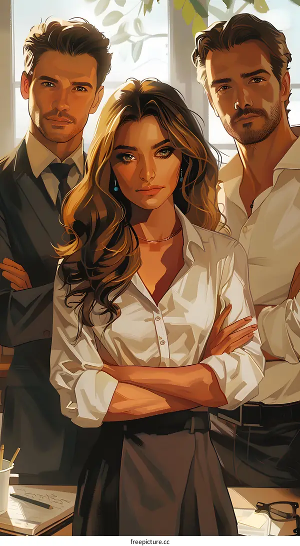 Illustration of a woman in a white shirt standing between two men in suits