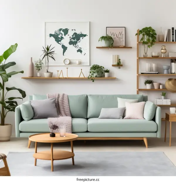 Green Sofa Living Room with World Map and Plants
