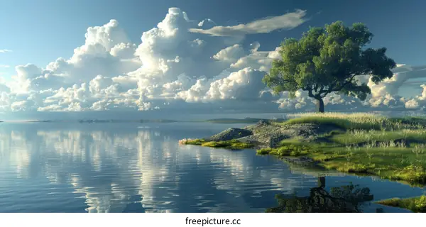 Tranquil Lake with a Single Tree and a Cloudy Sky