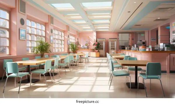 Pink retro cafeteria with blue tables and chairs