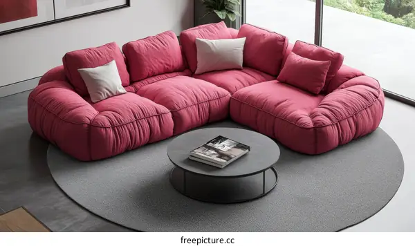 Modern Pink Sectional Sofa with Round Coffee Table