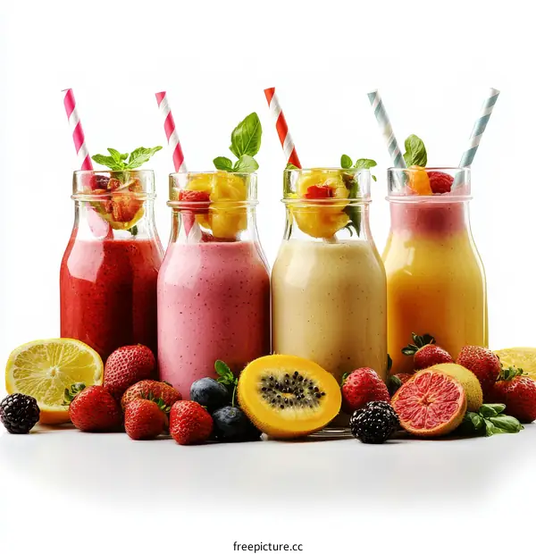 Assorted Colorful Fruit Smoothies in Bottles