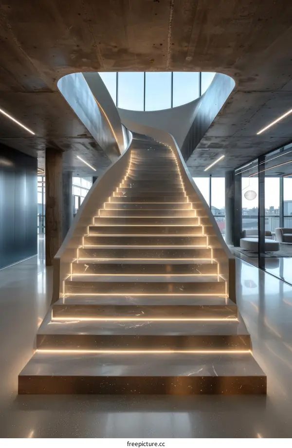 Staircase with curved marble steps and integrated lighting