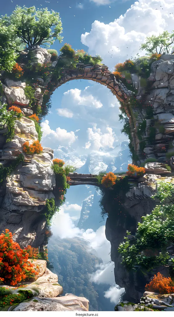 fantasy stone arch bridge in the mountains