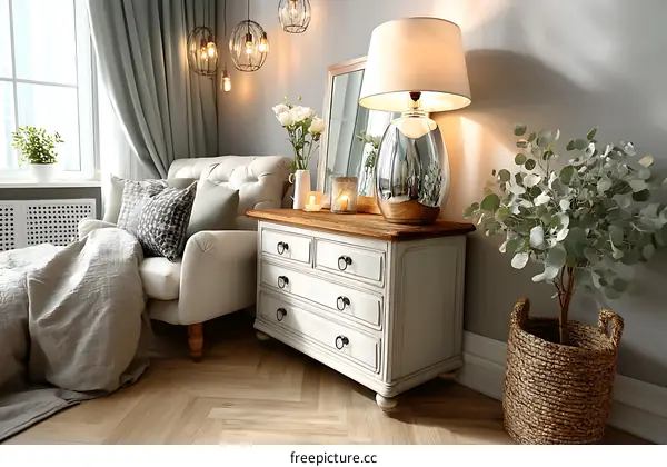 Cozy Living Room with Vintage Furniture and Greenery