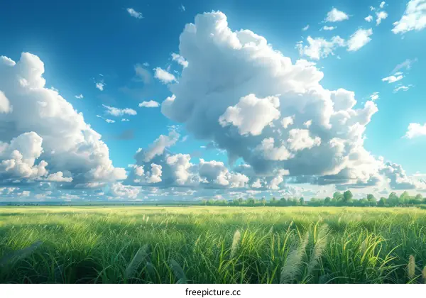 Vast green field under blue sky and white clouds