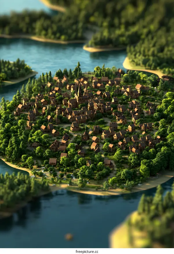 Aerial View of a Miniature Village Surrounded by Water and Trees