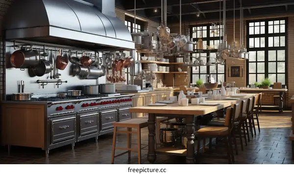 Large Commercial Kitchen With Stainless Steel Appliances