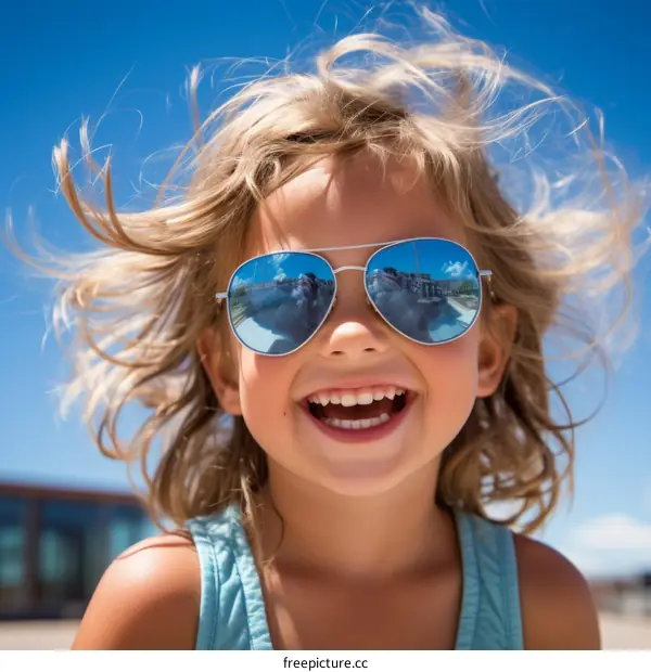Little blonde girl smiling with sunglasses