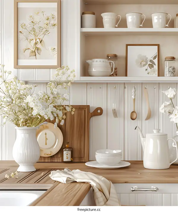 White Kitchen Interior With Flowers In A Vase