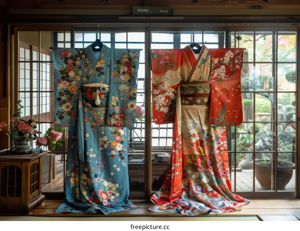 Two beautiful kimono with red and blue floral patterns