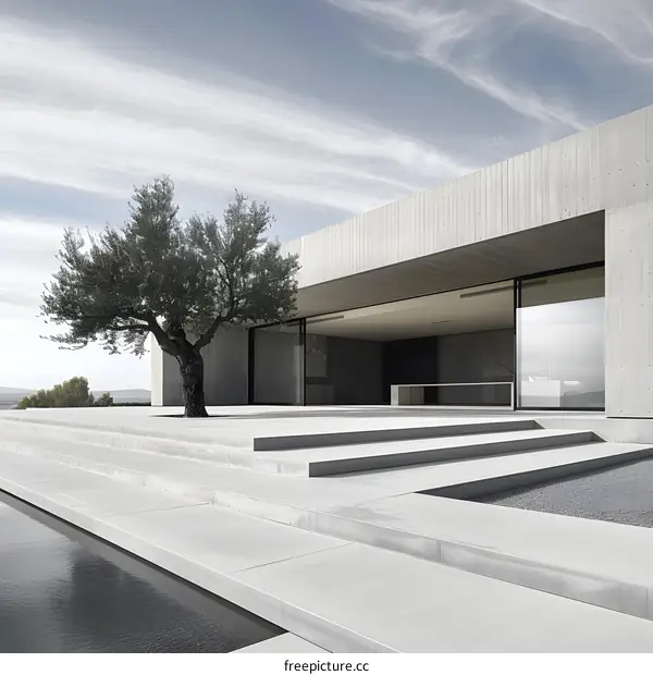Modern Concrete House with Olive Tree and Patio