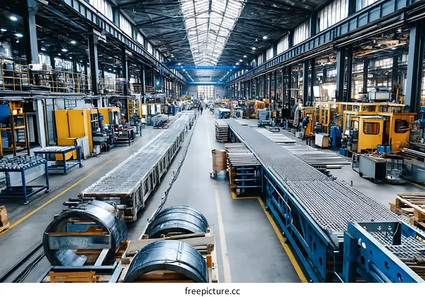 Large Industrial Factory Production Line with Workers