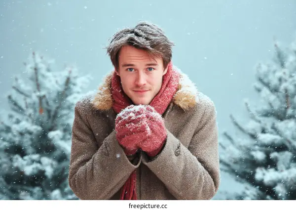 Winter Season Man Warming Hands in the Snow