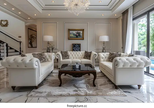 Living room with white leather sofas