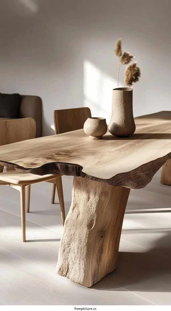 Natural Wooden Dining Table with Vase