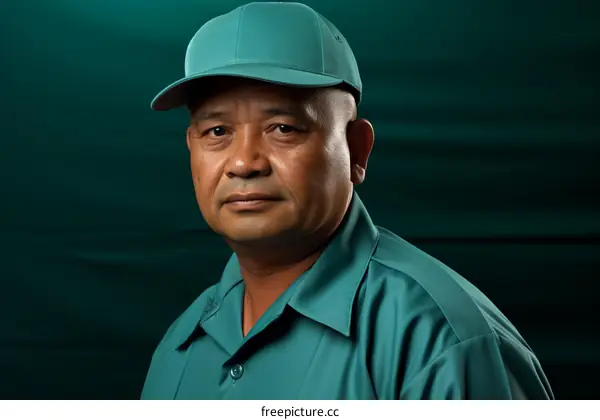 Portrait of a Serious Bald Asian Man in a Green Cap and Shirt