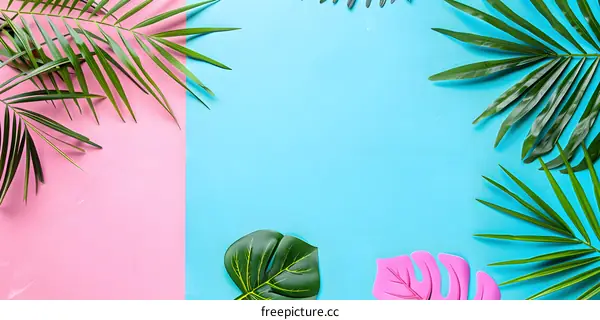 Tropical Leaves on Pink and Blue Background