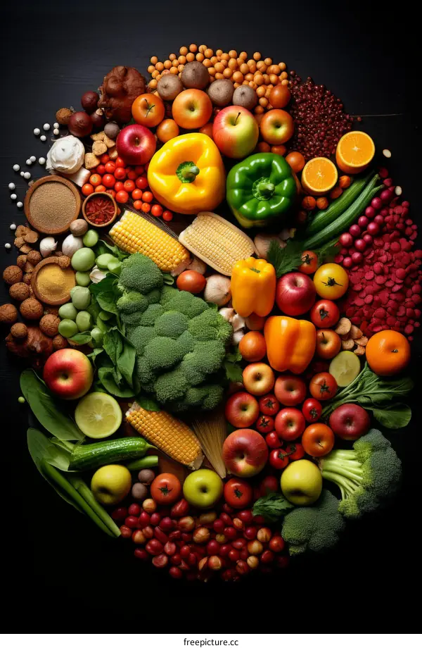 A variety of fruits and vegetables arranged in a circle on a black background