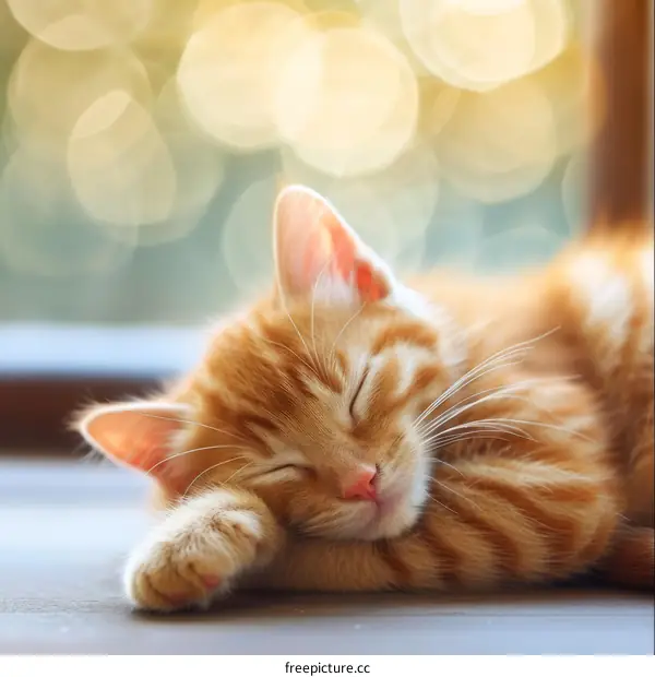 A ginger cat is sleeping soundly on the wooden floor