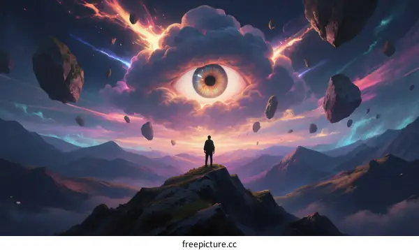 Giant Eye Cloud Over Mountain Peak with Floating Rocks