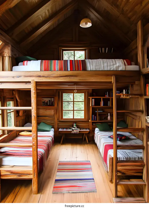 Wooden Cabin Interior with Bunk Bed and Two Single Beds