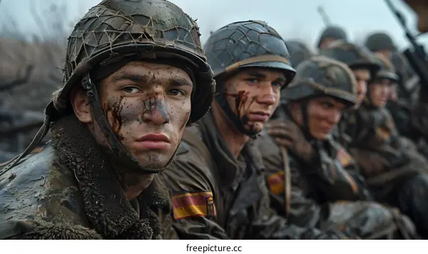 A group of young soldiers in military uniform with mud on their faces