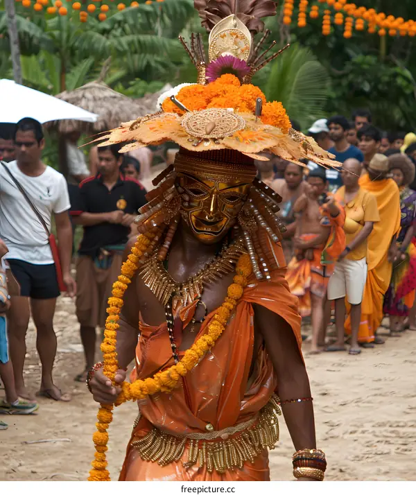 Indian Man Wearing Traditional Costume and Mask During Religious Festival