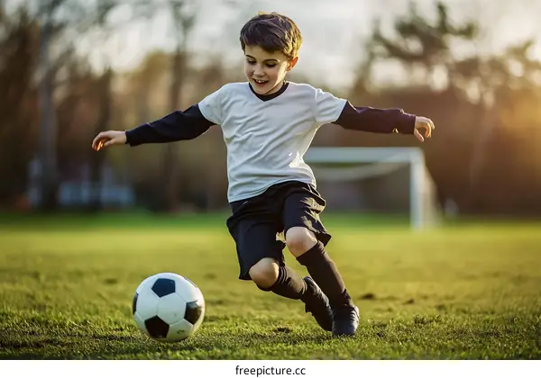 Young Boy Playing Soccer on a Field