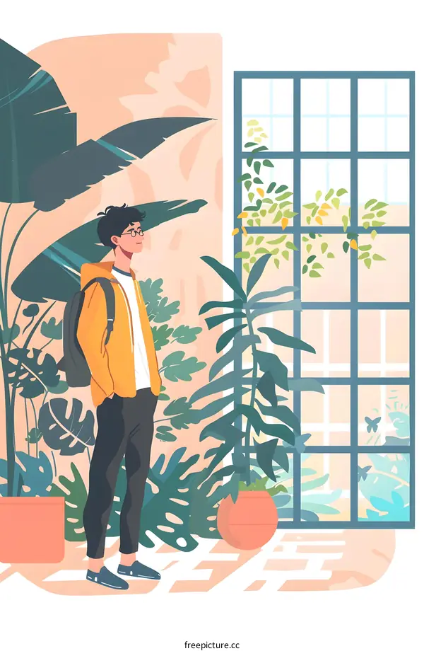 Man in Yellow Jacket Looking Through a Window in a Greenhouse