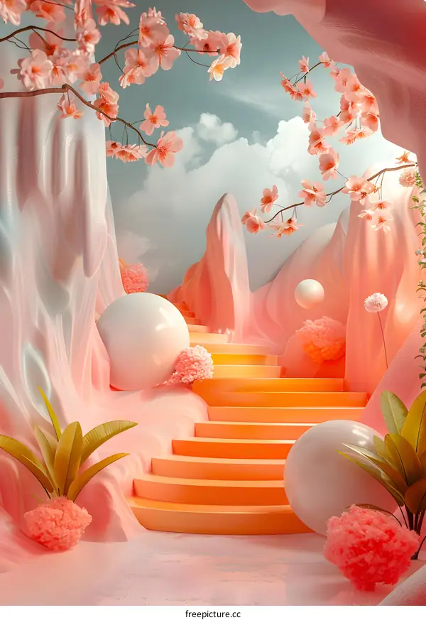 Mystical Landscape with Pink Cherry Blossom Trees