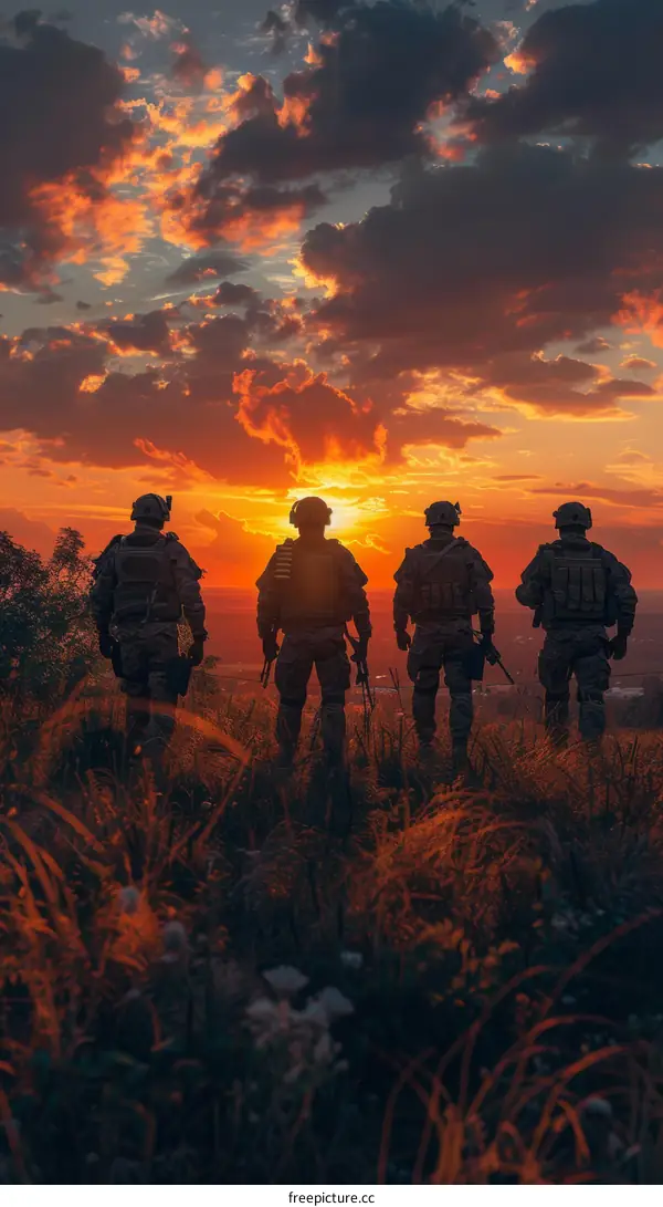 Four soldiers standing in front of a sunset