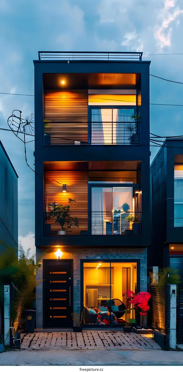 Modern Black and Wood House Exterior with Large Windows