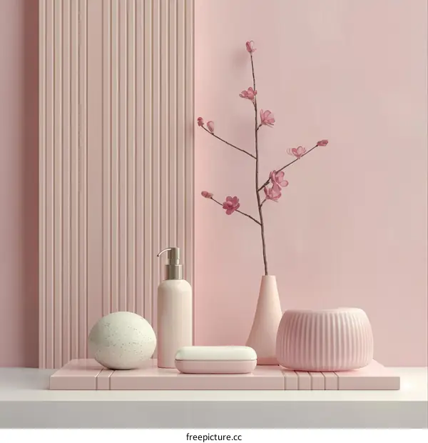 Delicate pastel pink bathroom accessories and decor