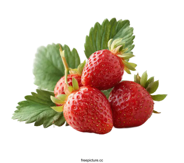 [Transparent Background PNG]Fresh Strawberries with Leaves Close-up