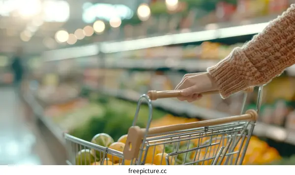 A woman pushing a shopping cart full of groceries in a supermarket with a blurred background