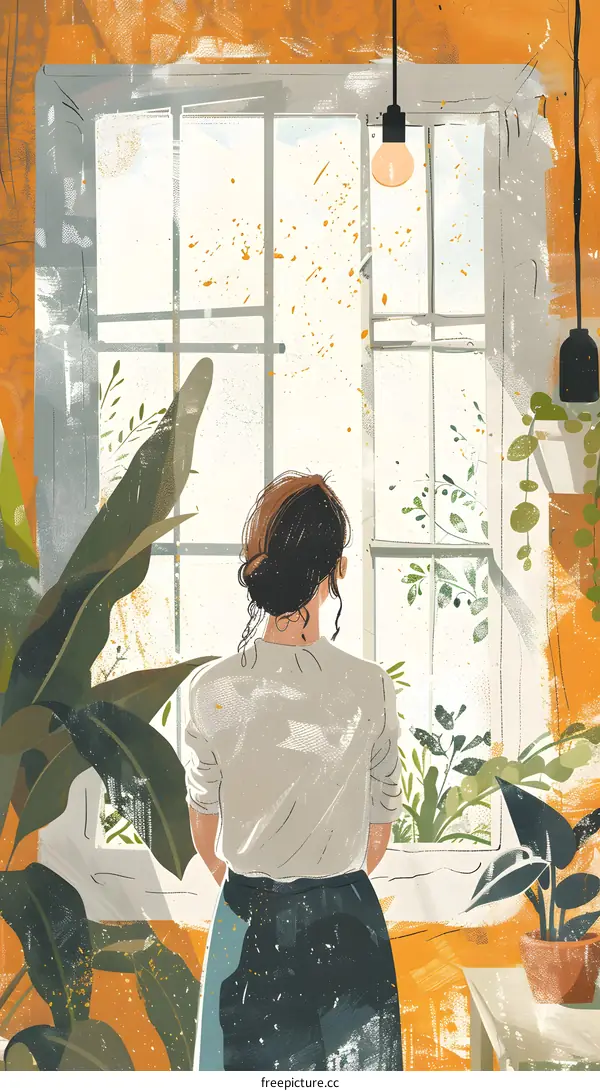 A woman standing in front of a window looking at plants