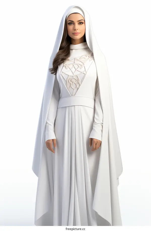 A woman wearing a white dress with a hood.