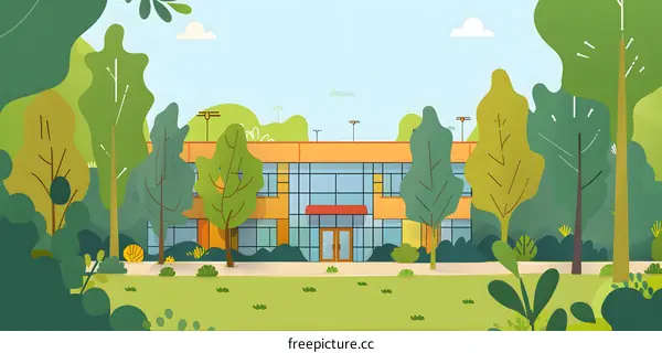 Modern Building with Green Trees Illustration