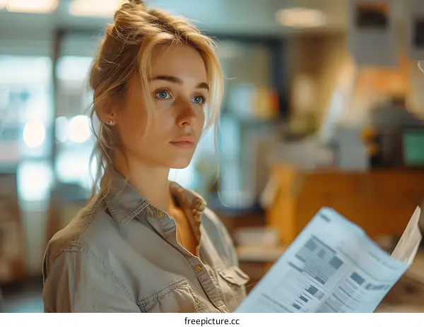 Portrait of a young woman looking at a document