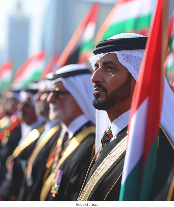 United Arab Emirates soldiers in traditional dress stand in formation during a military parade