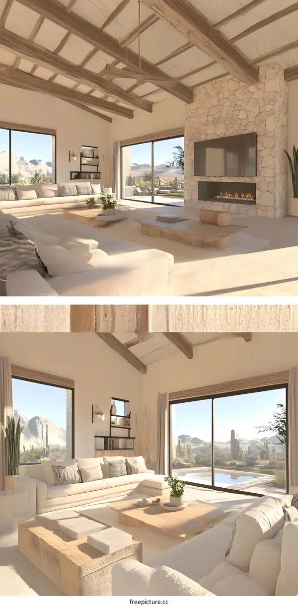 Modern Desert House Interior Design With White Sofa and Wooden Beams