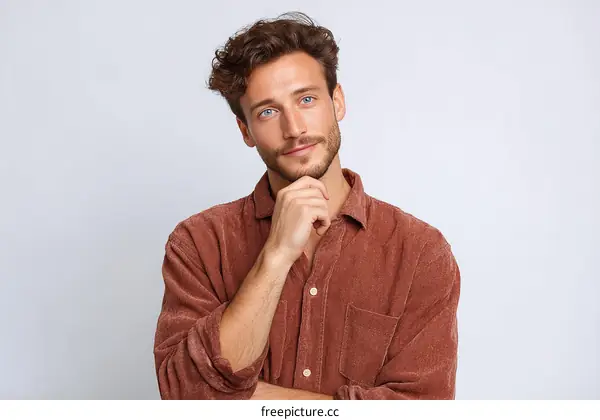 Thoughtful Caucasian Man in a Corduroy Shirt