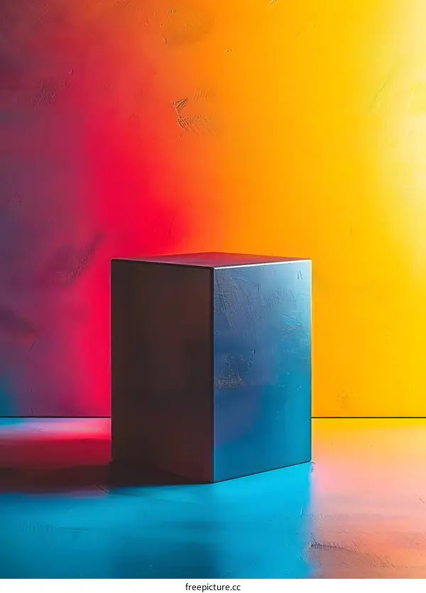 3D rendering of a blue cube on a blue and yellow gradient background