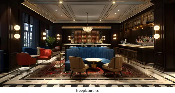 Modern Hotel Bar Interior Design with Blue Booth and Red Chairs
