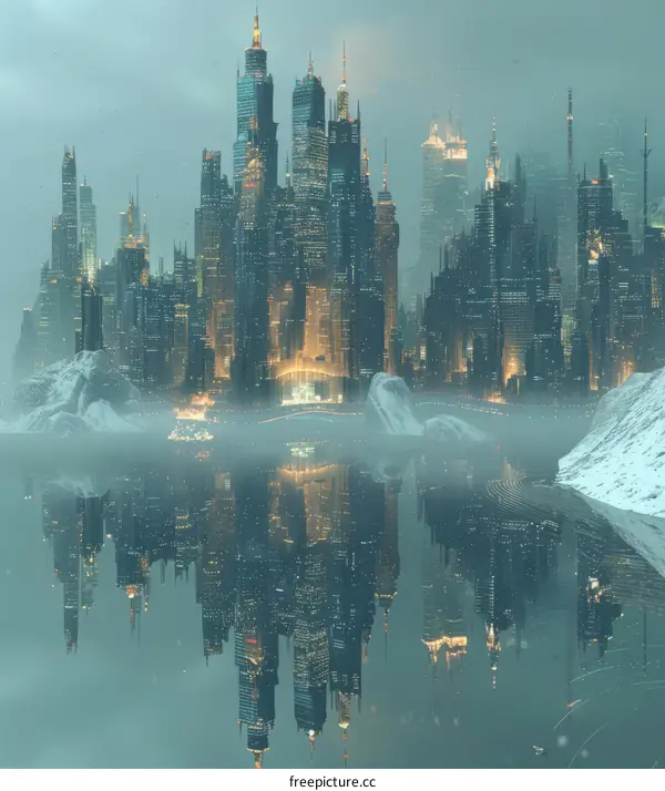 Futuristic City Reflection on Calm Water
